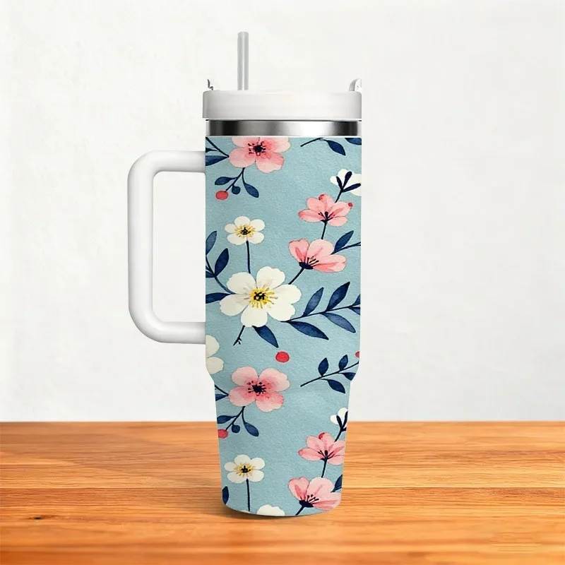 40Oz Stainless Steel Insulated Tumbler, Delicate Floral And Berry Digital Print, Reusable Cold And Hot Beverage Cup for Daily Use, Outdoor Trips And Office Drinks