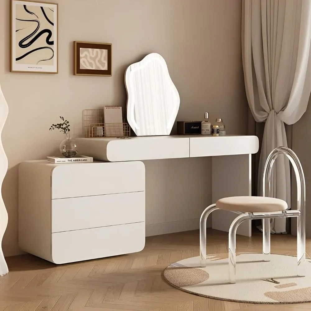 

White Makeup Vanity with Mirror and Lights,Vanity Set with Free Retractable Side Cabinet,Dresser Table with 5 Solid Wood Drawers