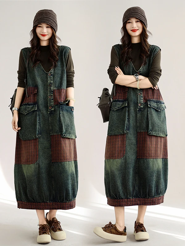 Casual Large Size Women's Jeans Plaid Skirt Slimming Shoulder Strap Dress Natural Waist A-Line Skirt Short Sleeve Dress