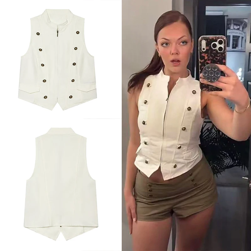 Guobioziy 2026 New Women's Fashion Solid Color Stand Collar Vest Sleeveless Motor Style Short Waistcoat with Pockets