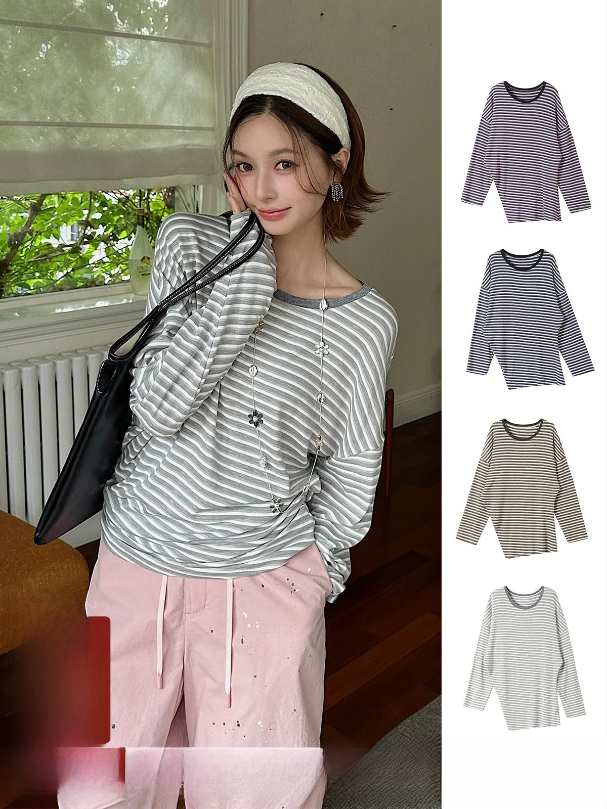 

Brand Knitted Casual round Neck Texture Stripe T-Shirt Early Autumn Collection Comfortable Fit Cotton Polyester Blend