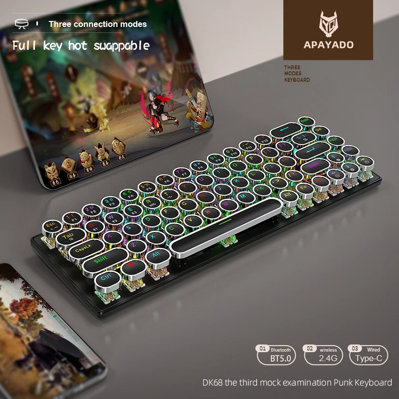 

Punk Bluetooth Mechanical Keyboard,Wireless /Wired,Cool Lighting Effects,Hot-swappable, Supports PC, IPAD, IOS and Android