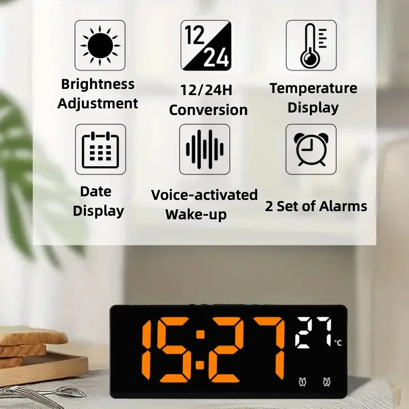 Large Screen Clock Temperature/Date Mode Table Clock 5 Levels of brightness Adjustment Display Modes 12/24H Electronic LED Clock