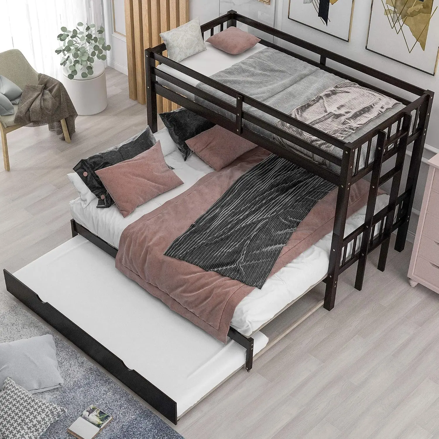 Twin Over Twin/King Bunk Beds with Trundle, Twin Over Pull-Out bunk Bed Accommodate 4 People for Kids, Adult, No, Customized