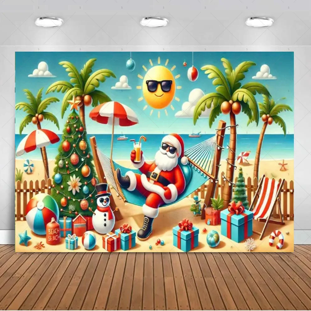 Meer Strand Weihnachtsmann Hintergrund liefert Weihnachtsfeier Dekorationen Weihnachtsbaum Schneemann Hintergrund Banner Fotoshooting Requisiten