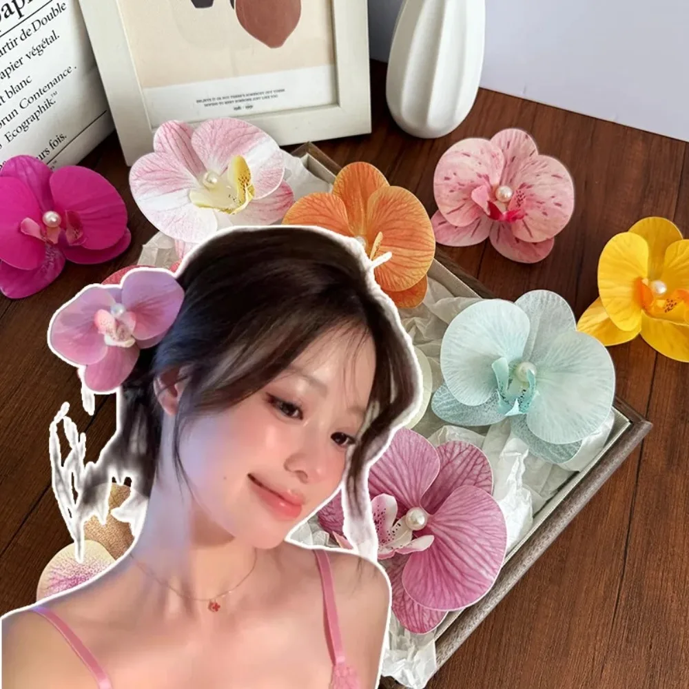 Pearl Flower Hair Clip for Women Cute Butterfly Orchid Orchid Flower Hairpin Duckbill Clip Hair Clip Beach Apparel Accessories