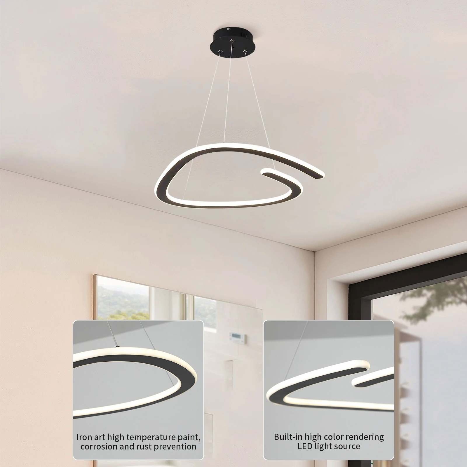 Modern Art Ring LED Pendant Light Ceiling Hanging Light Fixture Height Adjustable for Living Room Bedroom Lighting Fixture