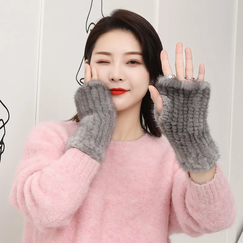 Women's Double-Sided Real Mink Fur Gloves Mid-Length Warmth Handwear with Knitted Half-Finger Sleeve Covers for Autumn Winter