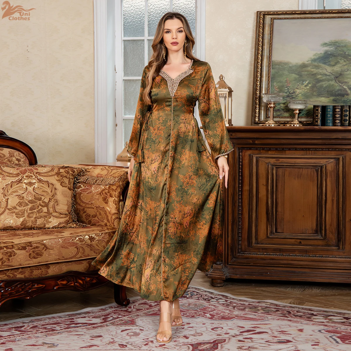 Uni فستان إسلامي جديد مطبوع عليه زهور دبي عباية أنيقة سبليت موضة قفطان بياقة على شكل حرف v 2025