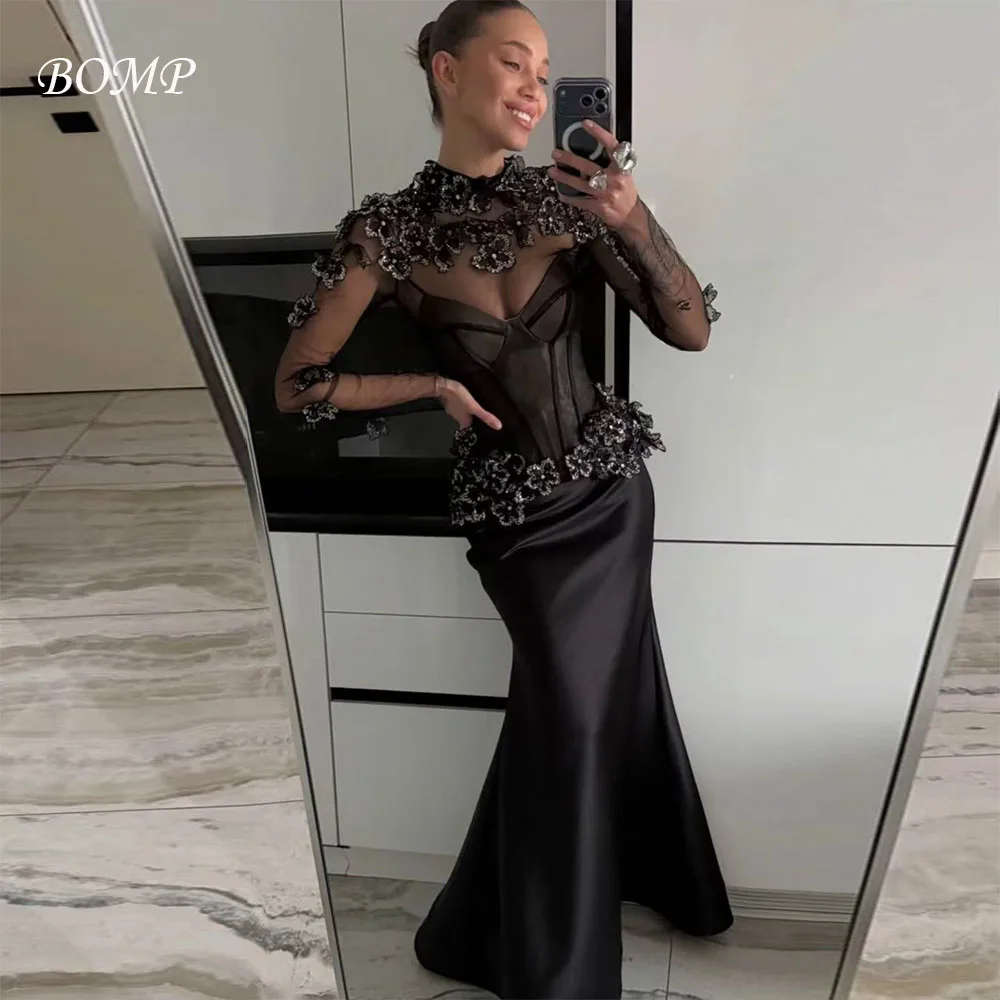 

BOMP Exquisite Evening Dress O-Neck 3D Floral Appliques Full Sleeves Mermaid Long Prom Gown Customized فساتين سهرة