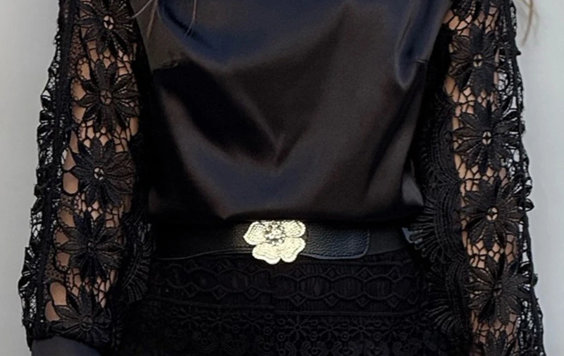 Women Fashion Casual Boat Neck Guipure Lace Patchwork Blouse Casual Hollow-out Satin Top