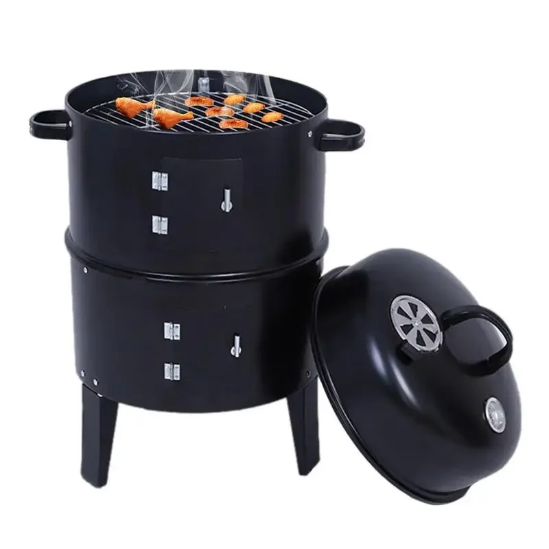 

Outdoor BBQ Round Charcoal Stove Bacon Portable 3 in 1 Barbecue Double Deck Smoker Oven Camping Picnic Cooking Tool