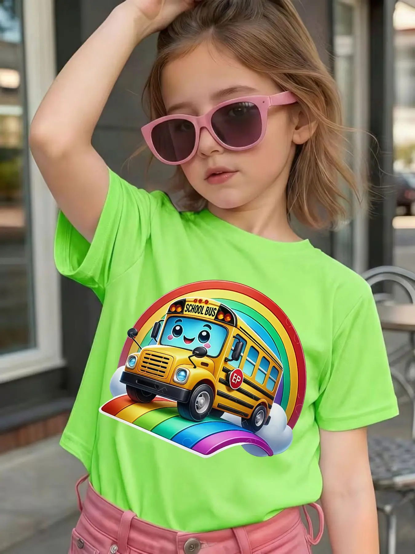 Rainbow Cute School Bus Cartoon Print Kids T Shirt Boys Girls Family Match Cotton Short Sleeve Summer Children Casual Basic Wear