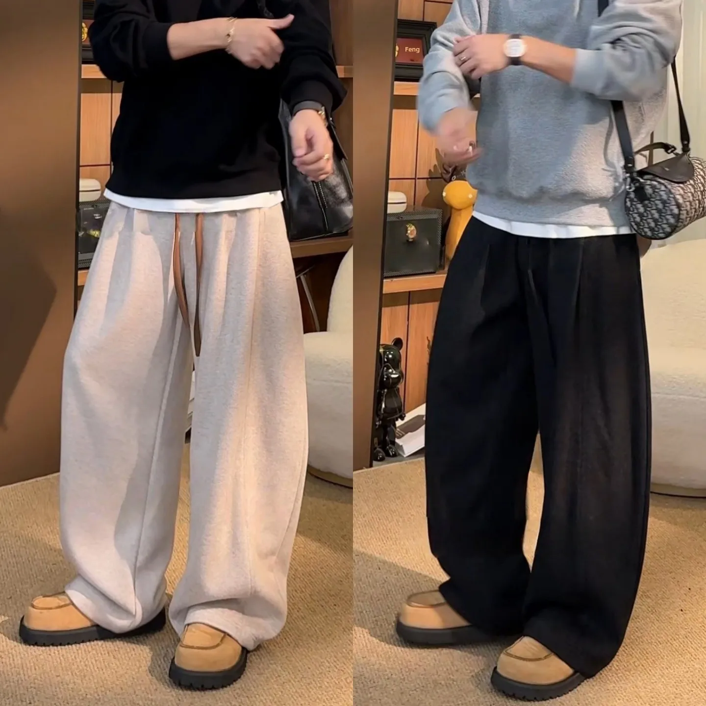 

Men's Casual Wide Leg Pants Autumn Winter Large Size Loose Fit Trousers with Dstring Vintage Cheered Pattern Casual Long...