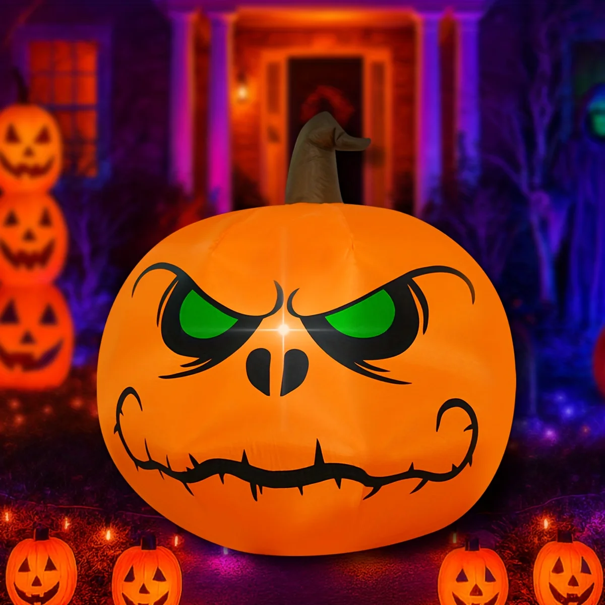 Halloween Inflatable Green Eyes Pumpkin  Build-in LED Light Lighted Blow Up Garden Lawn  Light Inflatable Yard Decorations