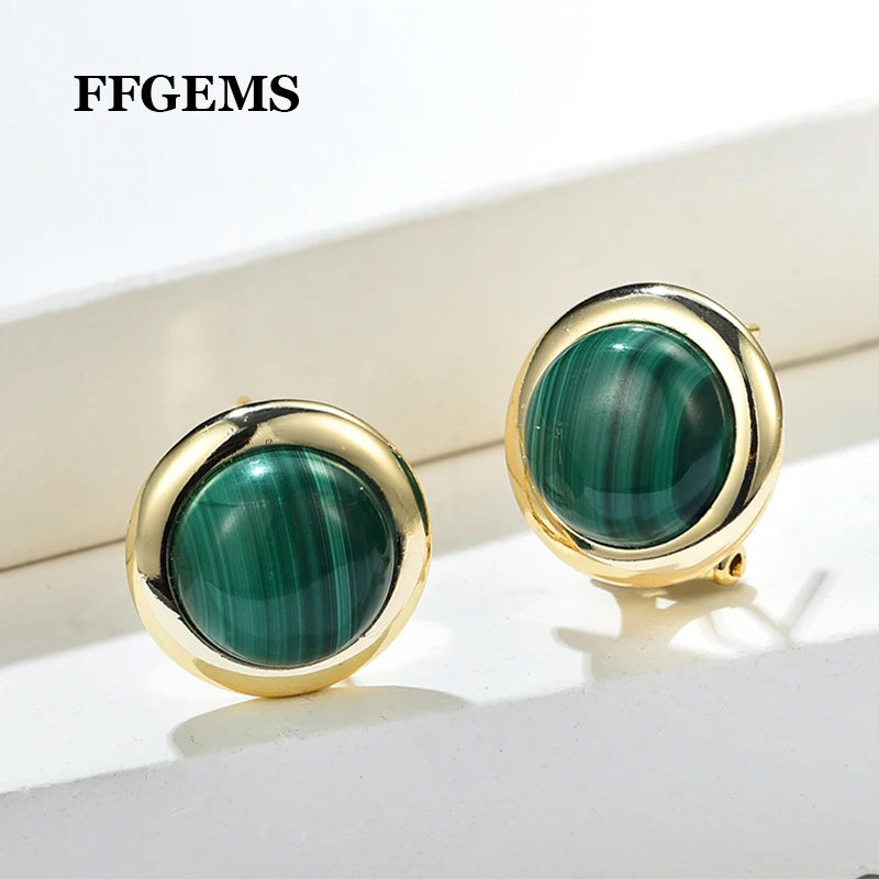 FFGems 100% Natural Malachite Gemstone Yellow Gold Clip Earrings 12mm Big Green for Women Birthday Party Trend Jewelry Gift