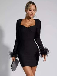 Skirt Pullover Long Sleeved Evening Dress Feather Patchwork Frock Buttocks Wrapped Short Women Dress Solid Color Spring Summer