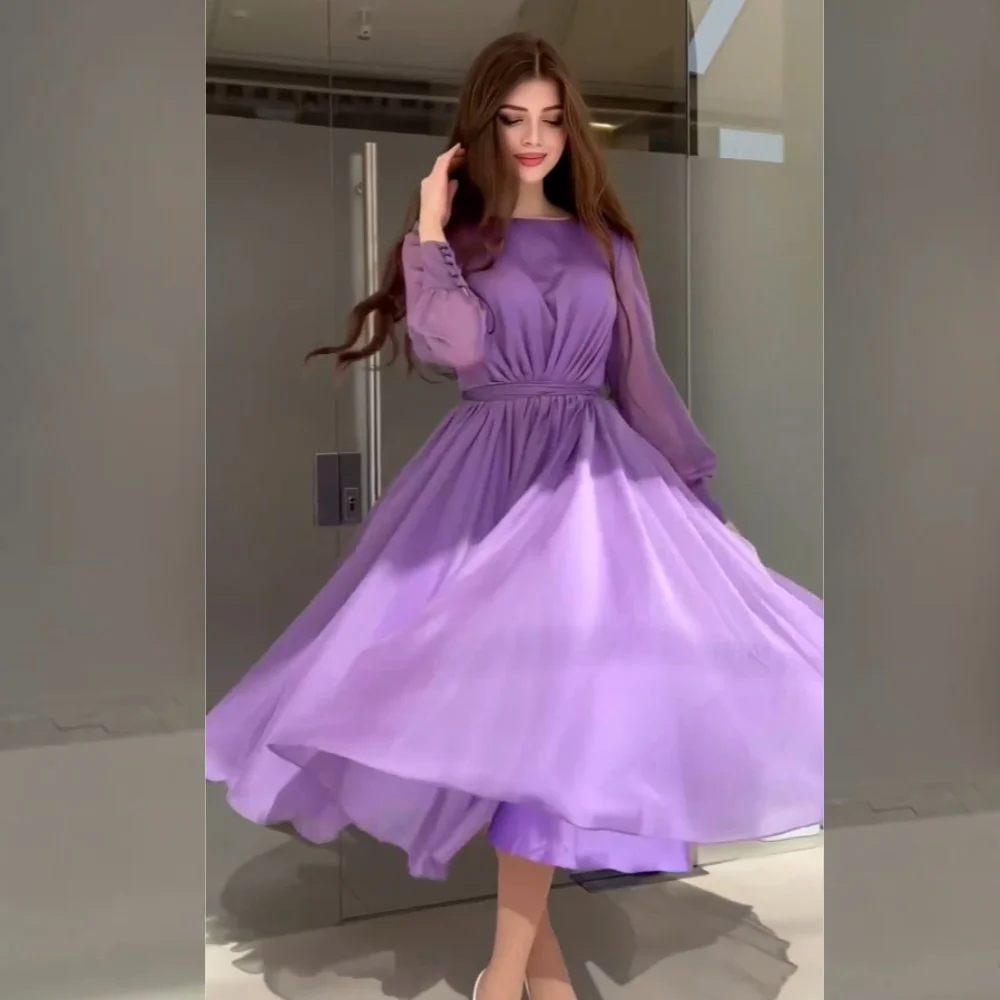 

Simple Chiffon Sash Pleat Ruched A-line O-Neck Midi Dresses Prom Dresses Classic Exquisite Modern Style Chinese Style Elegant