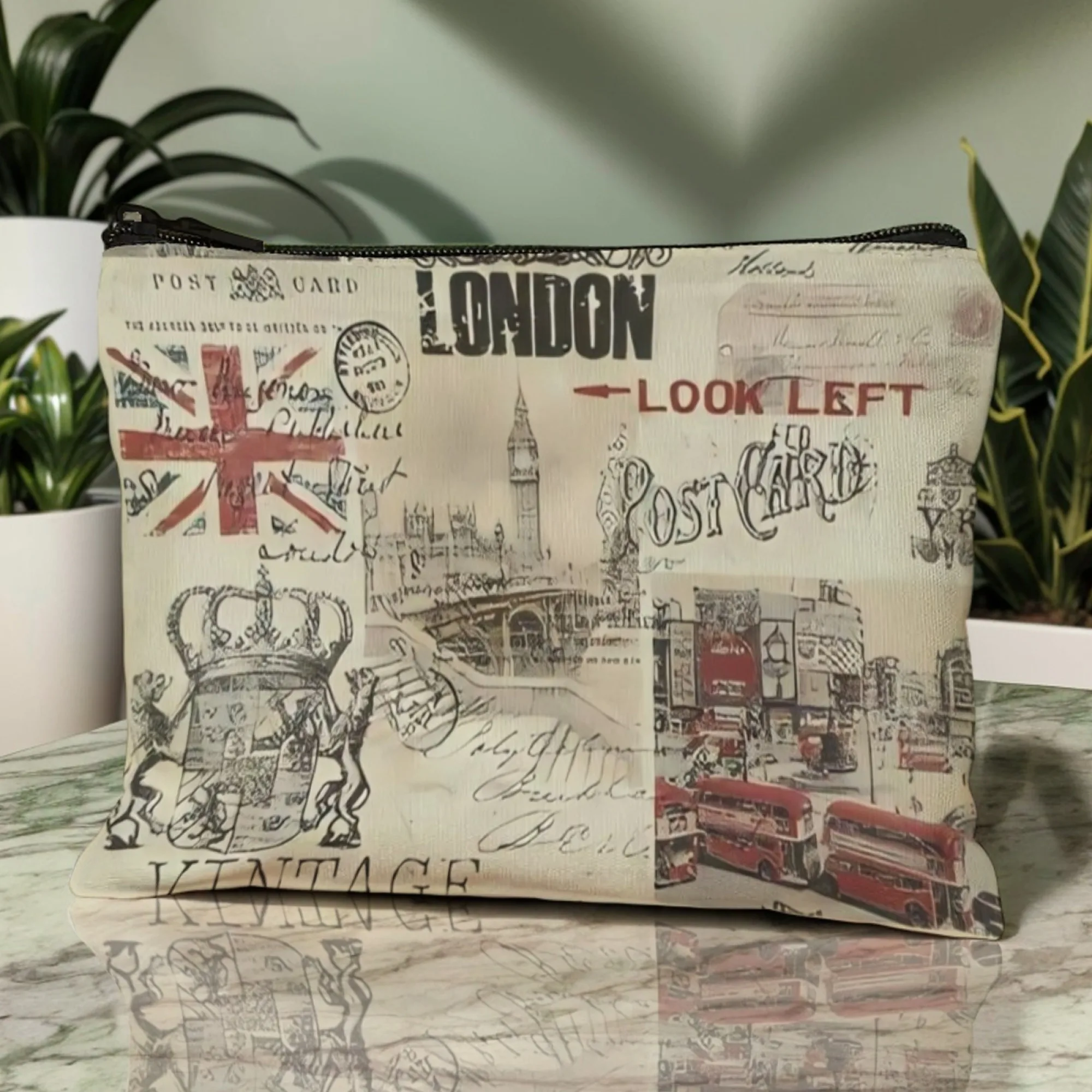Vintage London Memory Cosmetic Bag UK Flag Big Ben Red Double-Decker Bus & Royal Badge Print Retro Postcard Style Travel Pouch
