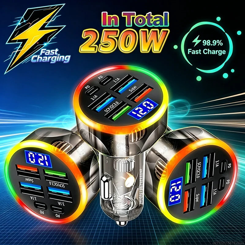 350W/250W Car Fast Charger 4-ports 6-ports Quick Charger Adapter USB PD QC 3.0 Car Phone Charger Type C Adapter For Multy Device