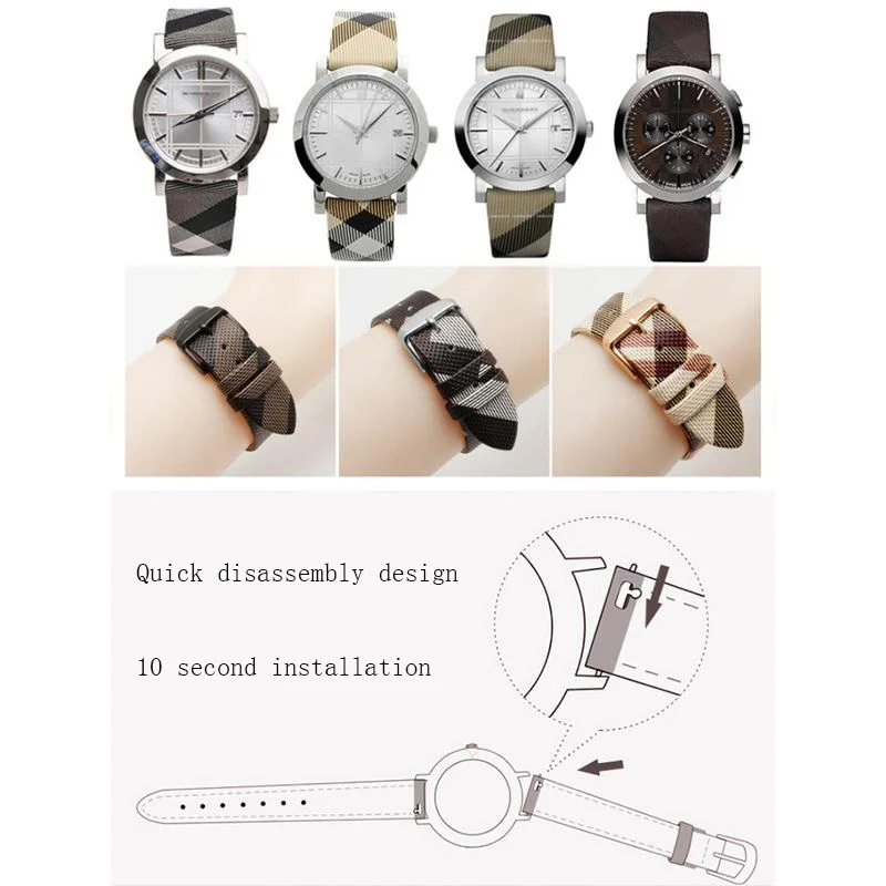 Plaid Pattern Genuine Leather Strap 12 14 16 18 20 22mm Black Brown Bracelet For BURBERRY Men Women WatchChain QuickDisassembly