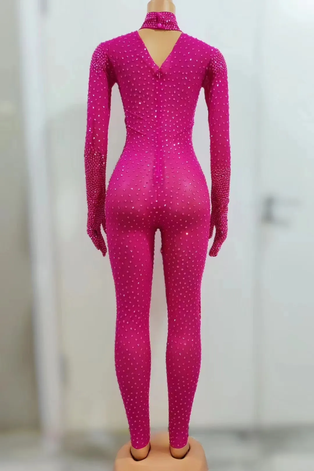 Sexy Sparkly Pink Rhinestone Jumpsuit with Gloves Women Birthday Celebrate Performance Costume Singer Show Photoshoot Jumpsuit