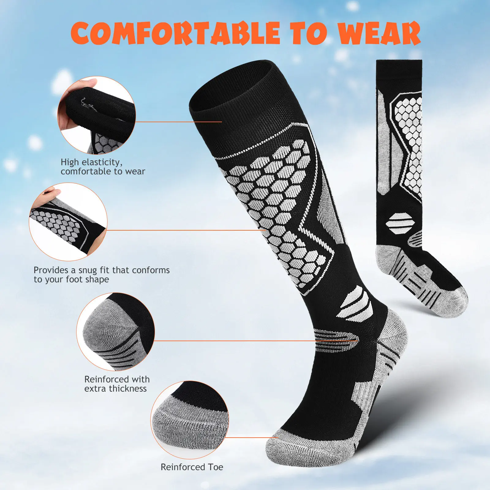 2Pairs Long Ski Socks Unisex Winter Thickened Warm Calf Socks High Elasticity Breathable Insulated Snow Gear for Cold Weather