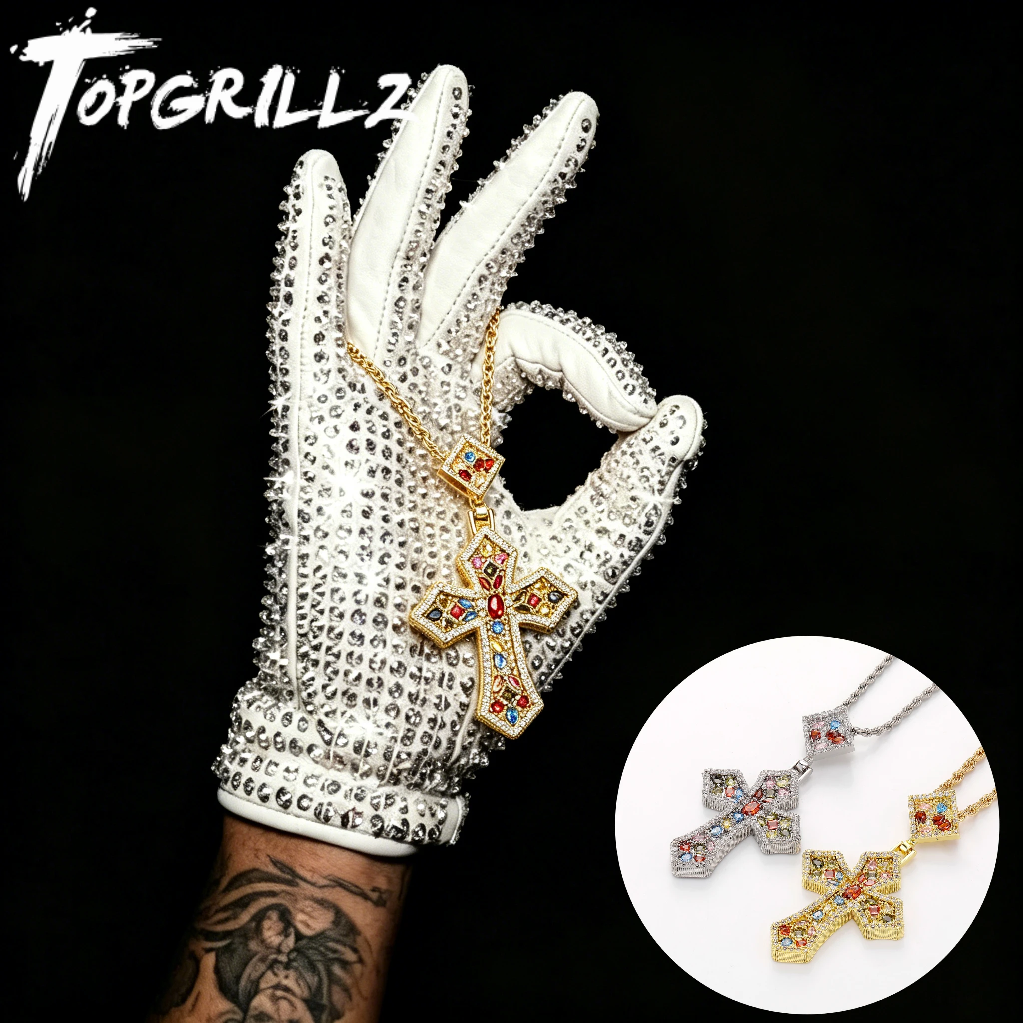 TOPGRILLZ Hip Hop Vintage Multi Color CZ Cross Pendant Gold Plated Copper Iced Out Necklace Jewelry For Men&Women