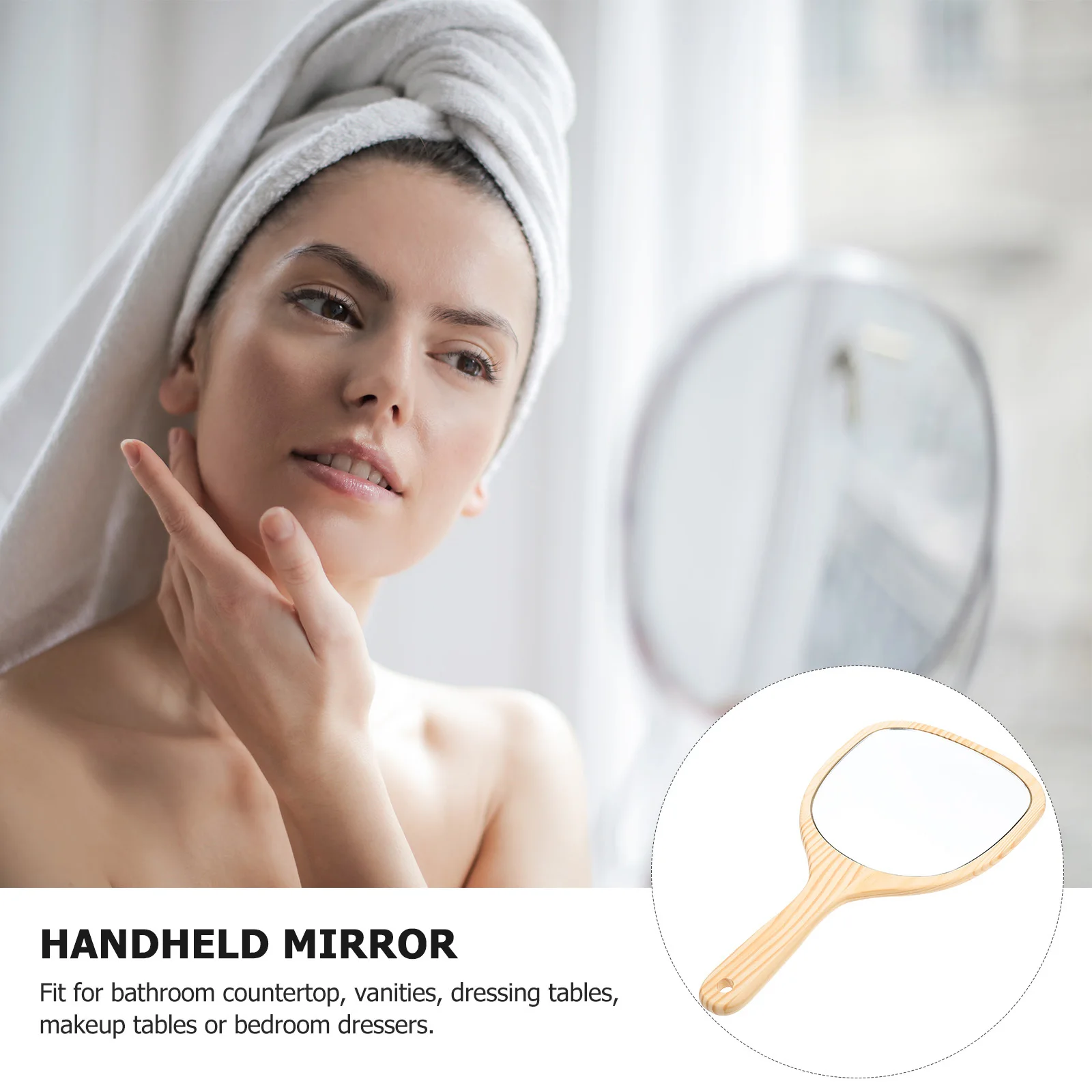 Specchio da donna con manico in legno Specchio per trucco portatile Tavolo da toeletta da appoggio per bagno da viaggio moderno ed elegante