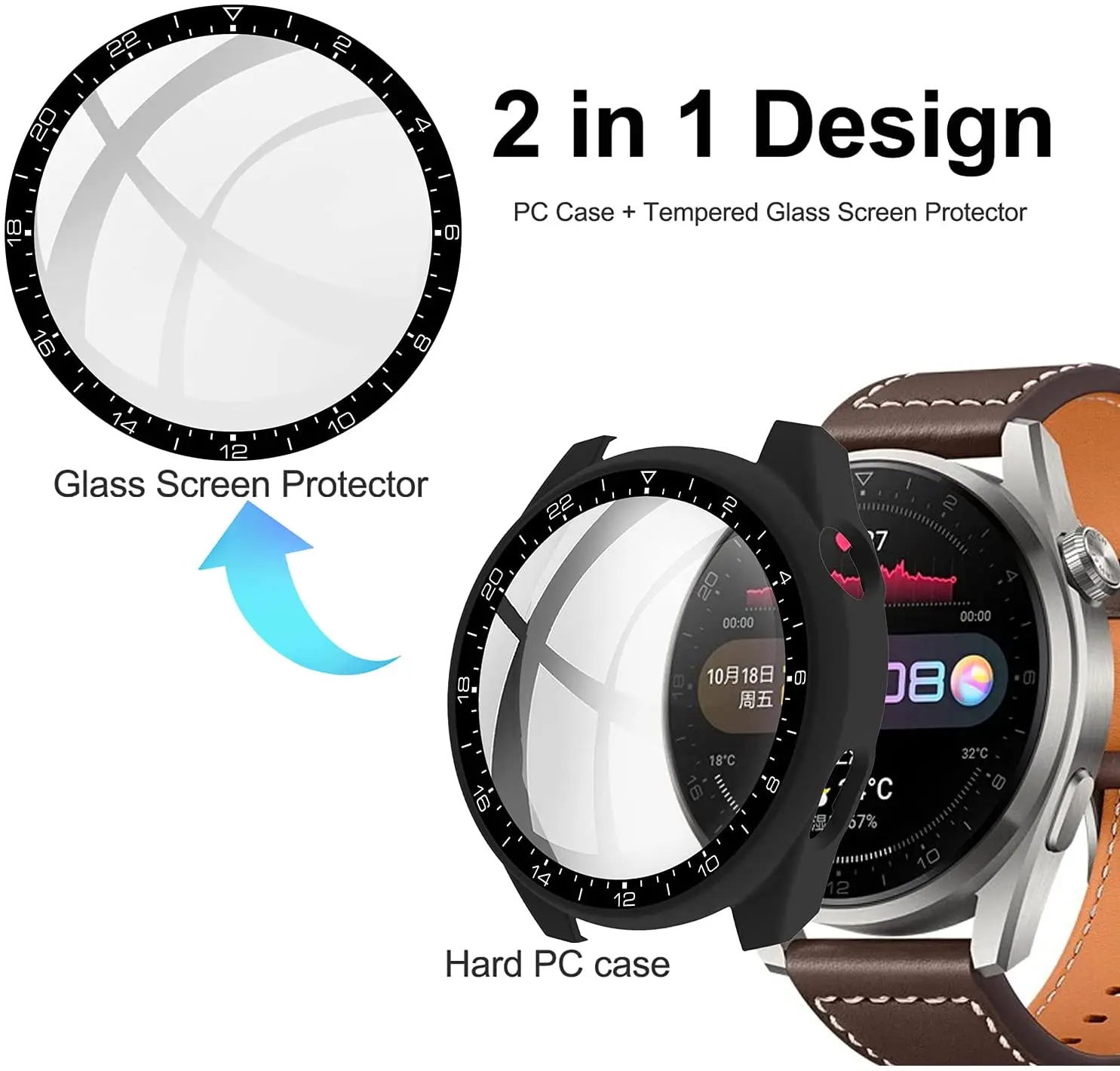 Tempered Glass+Case for Huawei Watch 3 Pro 48mm Bumper Shell Matte PC All Around Protector cover Huawei Watch 3 Screen Protector