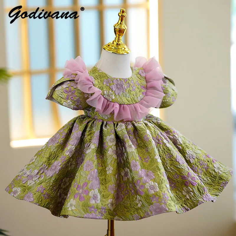 Sweet Cute Baby Girls Luxury Niche High-end Princess Dress Kids Floral Print Puff Sleeve Mesh Patchwork Piano Performance Gown