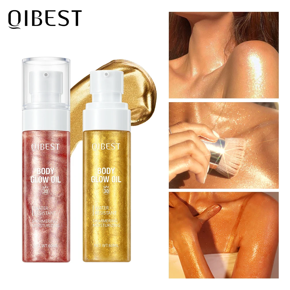 QIBEST Liquid Highlighter Gold Shimmer Oil Waterproof Smooth Diamond Face Body Glow Illuminator Body Highlight Lasting Cosmetics
