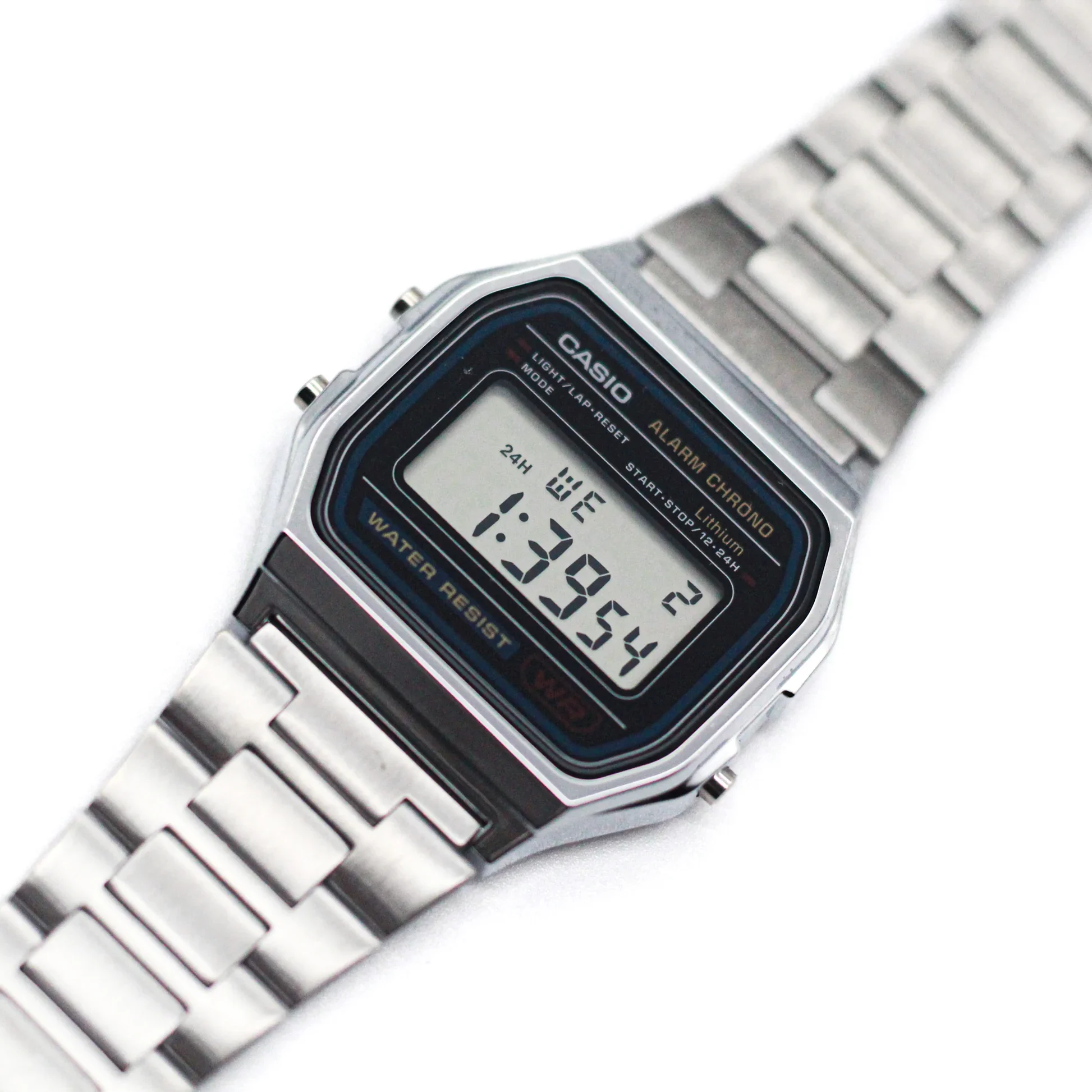 Casio A-158WA1 Stainless Steel Bracelet Watch, featuring durable resin case, 7-year battery life with CR2016, waterproof, LED light, chronometer, daily alarm, and automatic calendar, perfect for men's everyday wear.