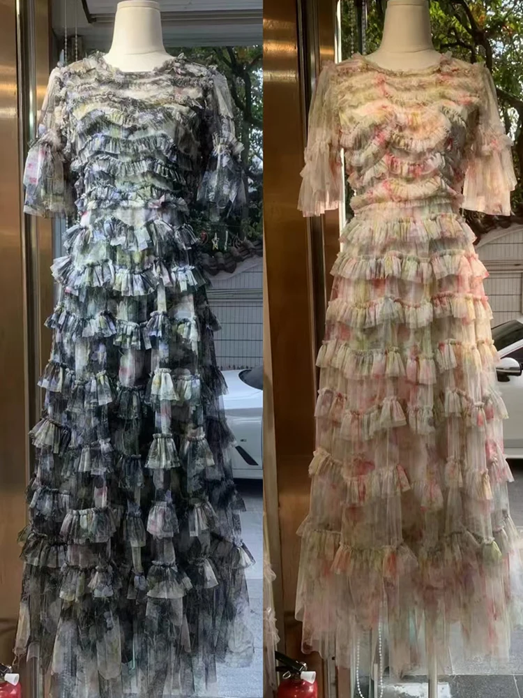 Retro tingimento multi camada cogumelo borda em torno do pescoço cintura vestido de malha 2025 verão vestido feminino moda solta puff saia