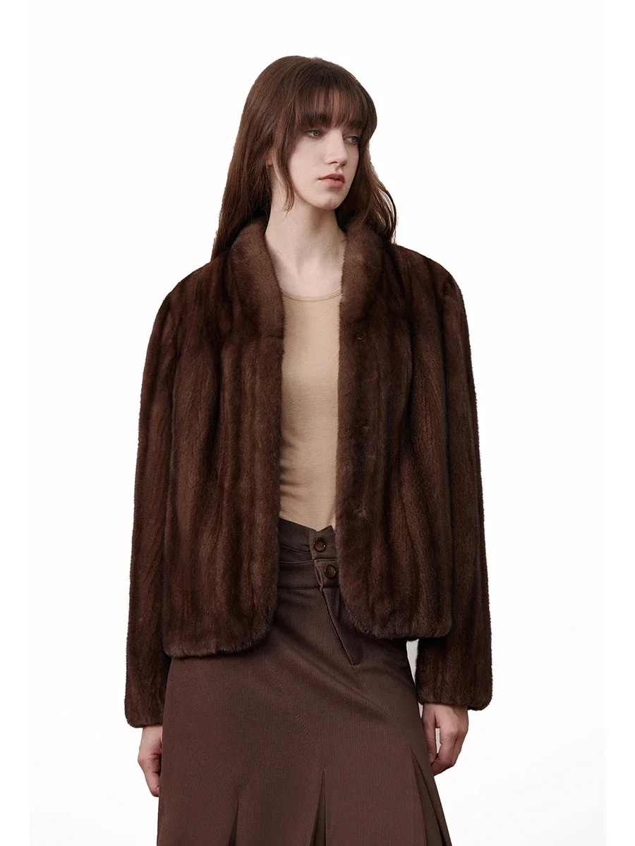 Autumn Winter Short Brown Thick Warm Soft Faux Mink Fur Coat Women Stand Collar Elegant Luxury Chic Fluffy Jacket
