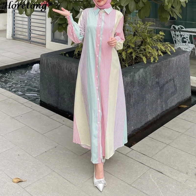 

Spring Autumn Muslim Abaya Colorful Stripe Petal Sleeve Button Front Turn-down Collar Loose Modest Casual Maxi Dress Ramadan Eid