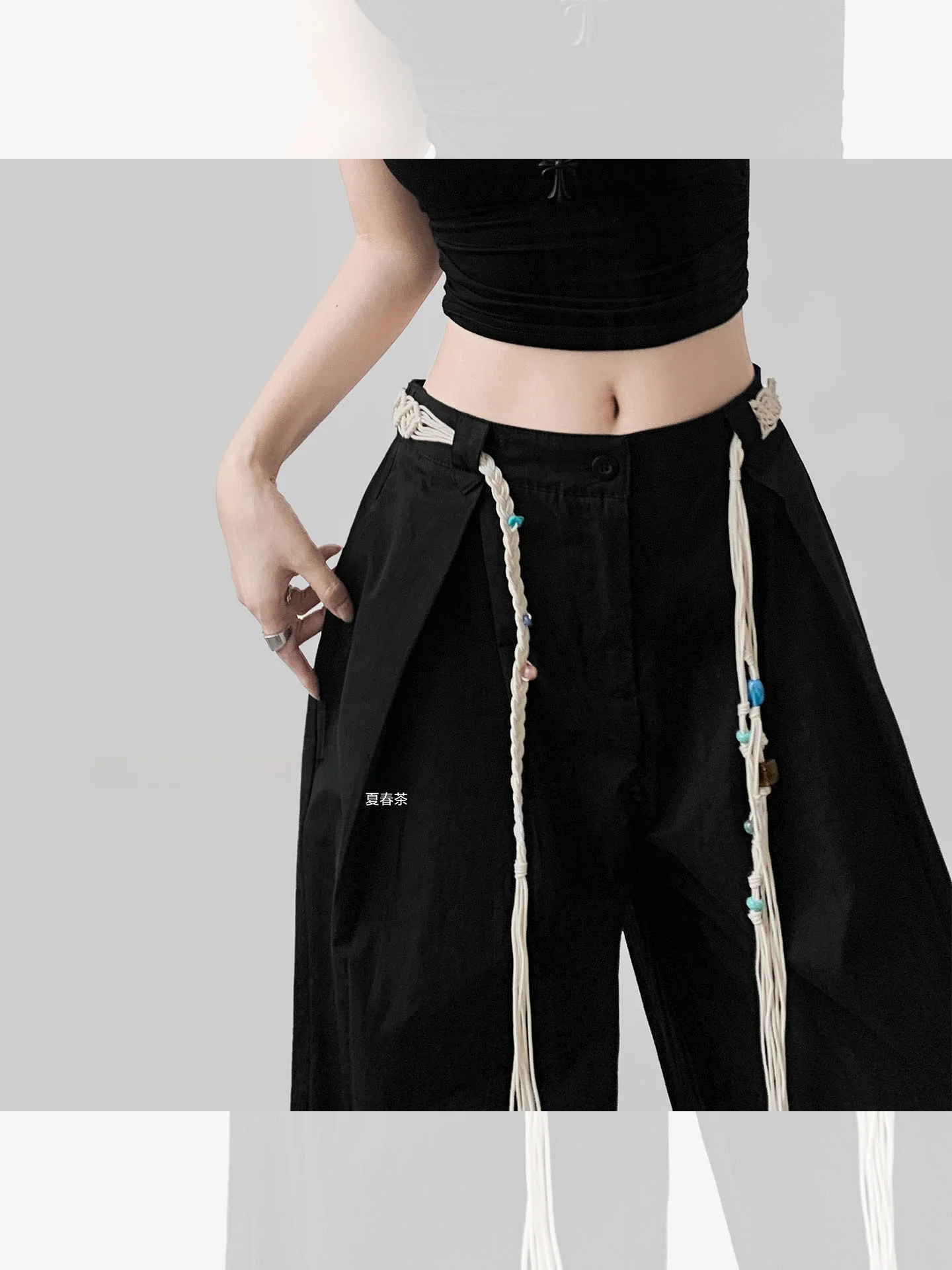 กางเกงขายาวลำลองสีชมพูสำหรับผู้หญิง ดีไซน์ฤดูร้อน ทรงหลวม เอวเล็ก แต่งเข็มขัดถักลูกปัด ผ้าฝ้าย