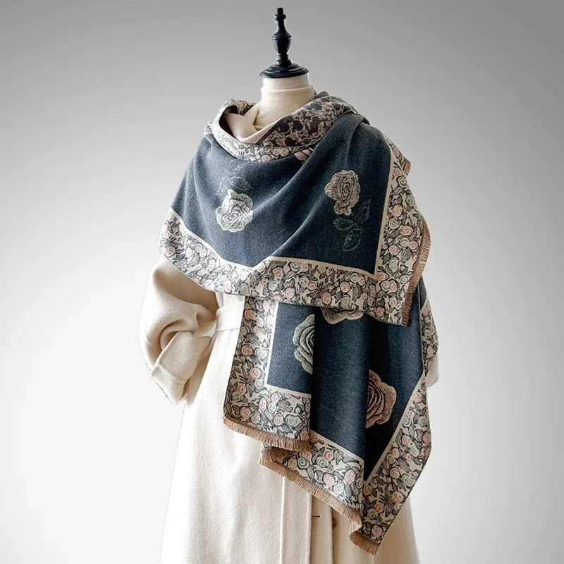 

Elegance Retro style Cashmere Women Print Double-sided Scarf Winter Warm Shawl Pashmina Female Foulard Blanket Poncho Scarves