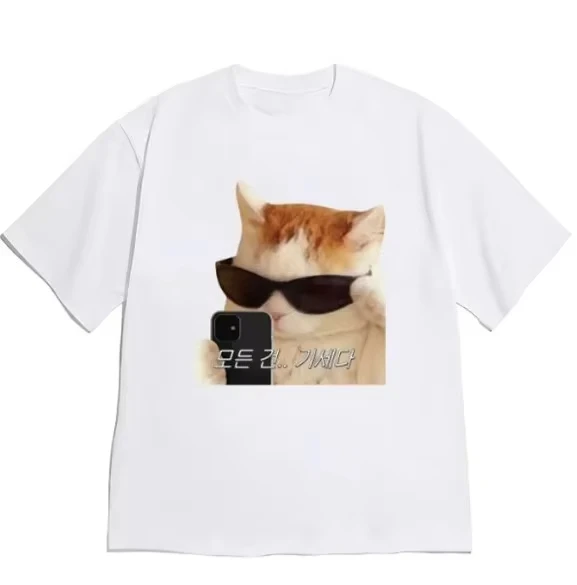 Neutral Style Cool Cat Selfie T Shirt Korean Text Meme Print Short Sleeve O Neck Soft Washable Tops Funny Y2K Aesthetic Tees