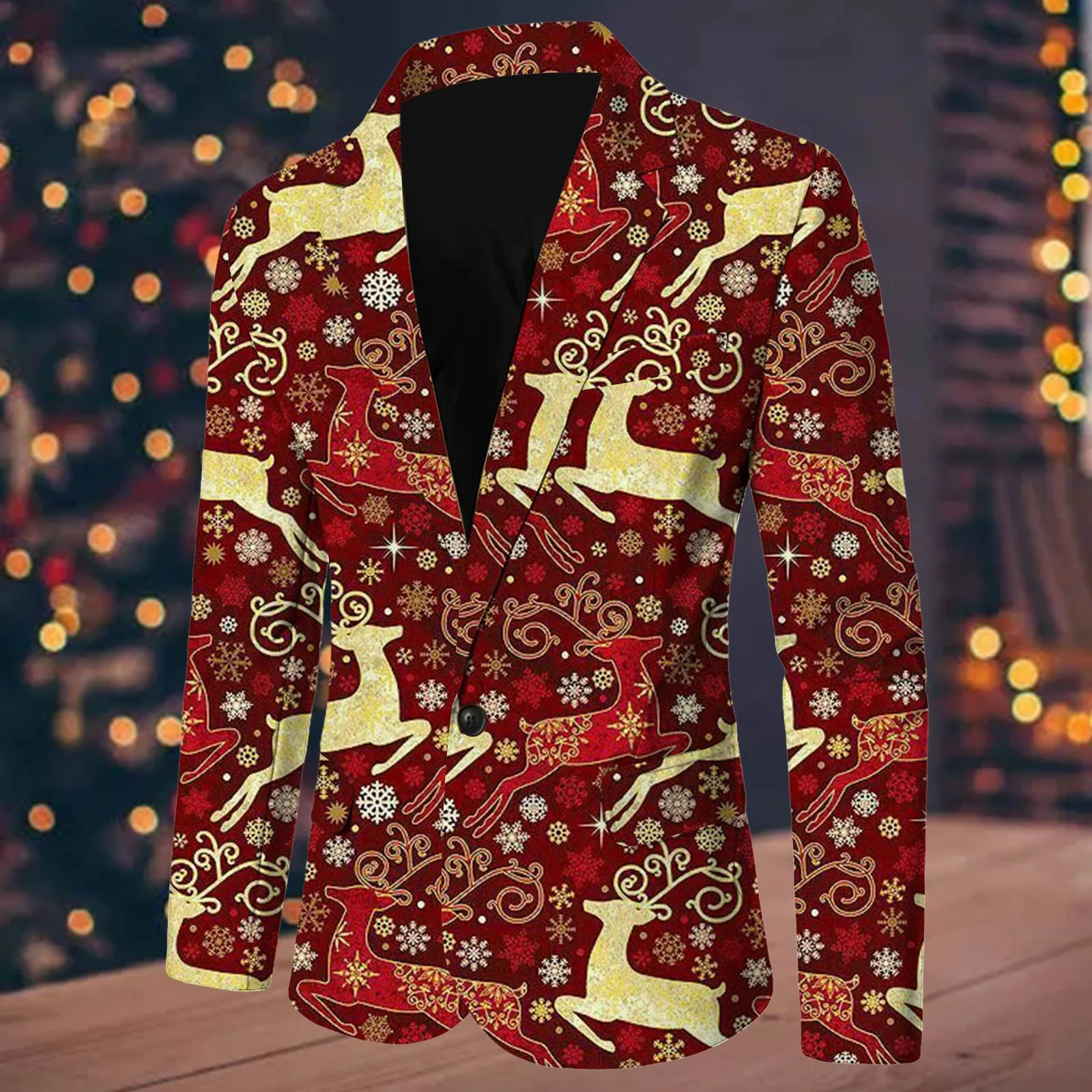 Christmas Snowflake Santa Printed Blazers Men\'s Coats With Pocket Lapel One Button Loose Casual Fashion Male Suit Jackets