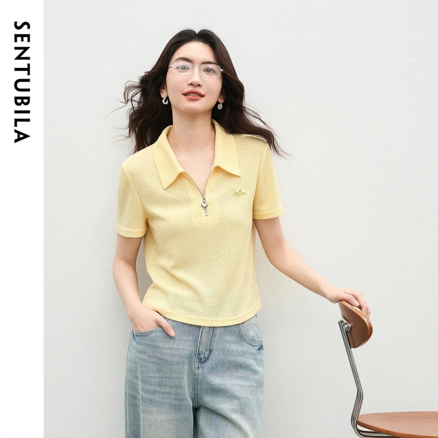 SENTUBILA Women Soft Skin-friendly Tee 2026 Summer New Polo Neck Half Placket Short Sleeve Ribbed Texture Knit Top Q62TL7115