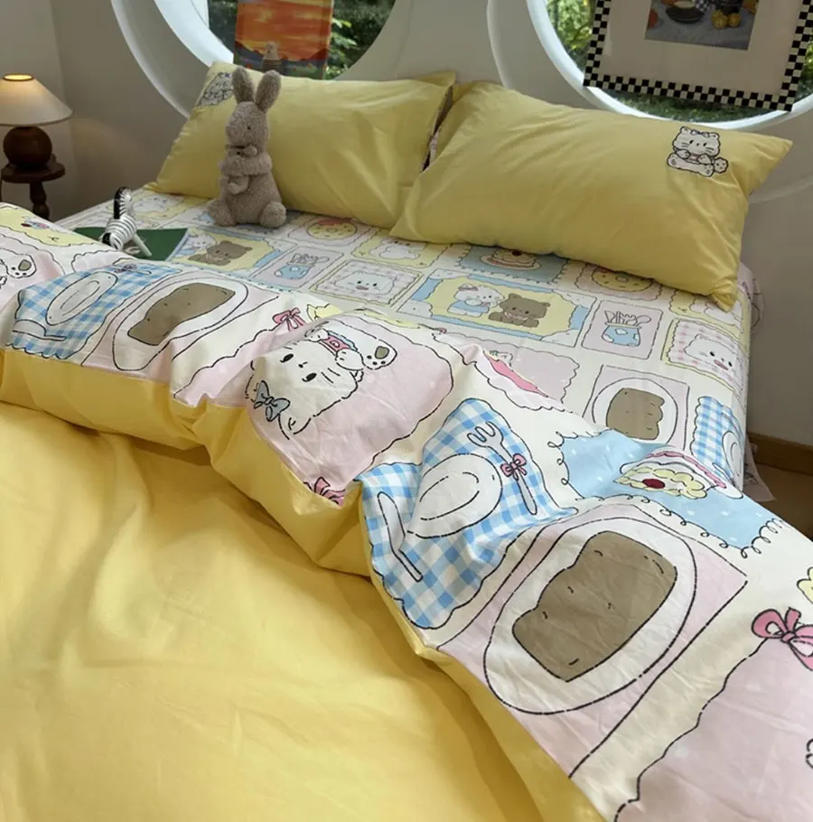 Cute cartoon cat yellow bedding set single double ,twin full queen lovely cotton home textile bed sheet pillow case quilt cover