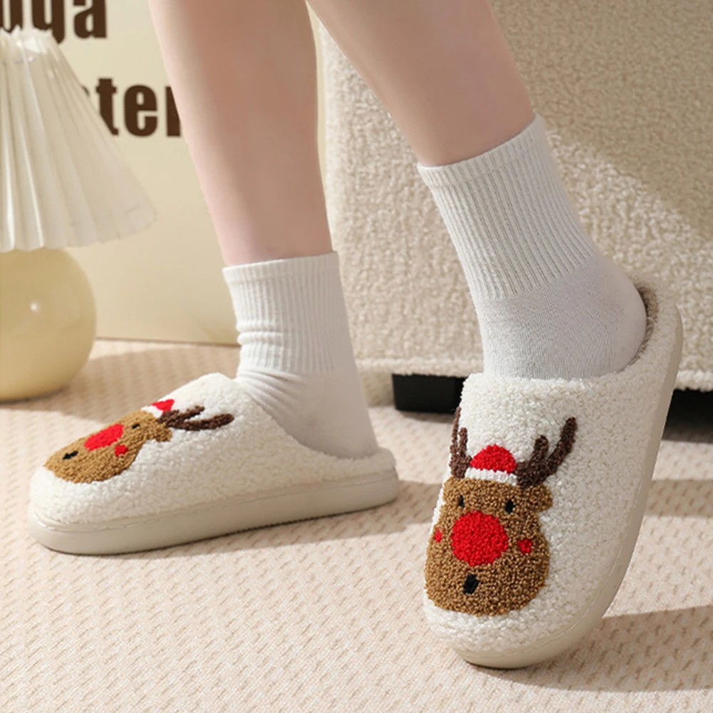

Christmas Deer Slippers Winter Platform Shoes Anti Slip Women Men Slip-On Comfy House Slippers Fuzzy Fluffy Slippers Winter Gift