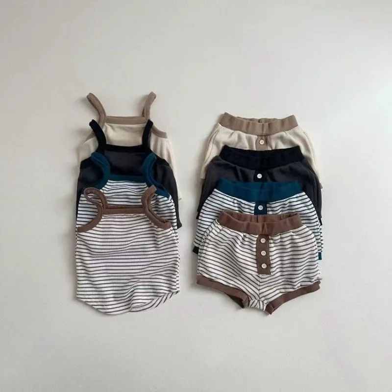 Korean Baby's Sets Children's Clothing Waffle Grid Striped Camisole Vest Shorts Casual Home Suit Set New Born Baby Girl Clothes