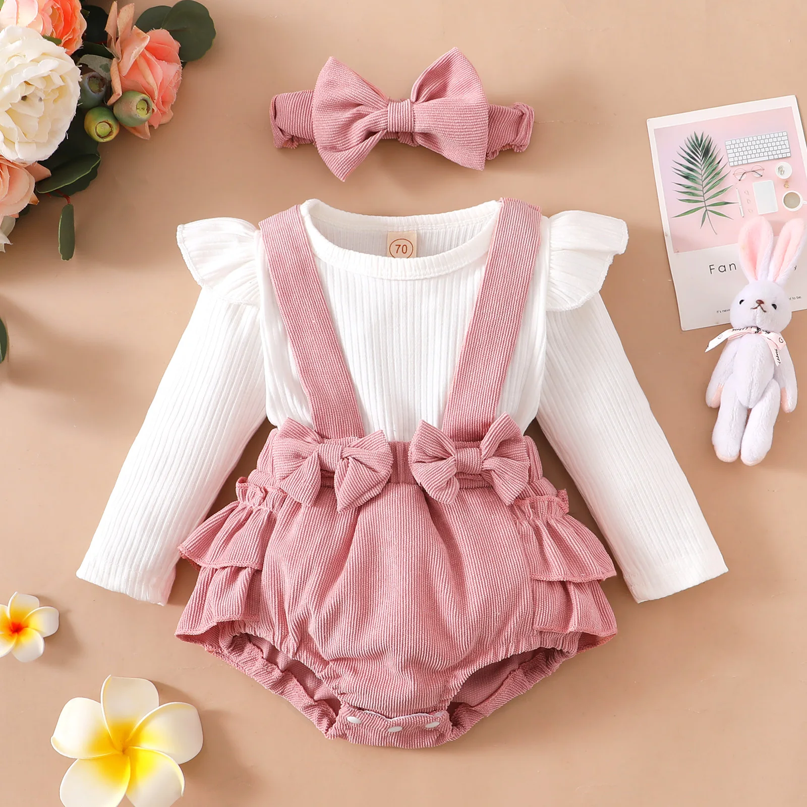 Baby Girls Fake-2-Pieces Fall Romper Ruffle Long Sleeve Round Neck Corduroy Suspender Short + Headband Casual Spring Jumpsuit