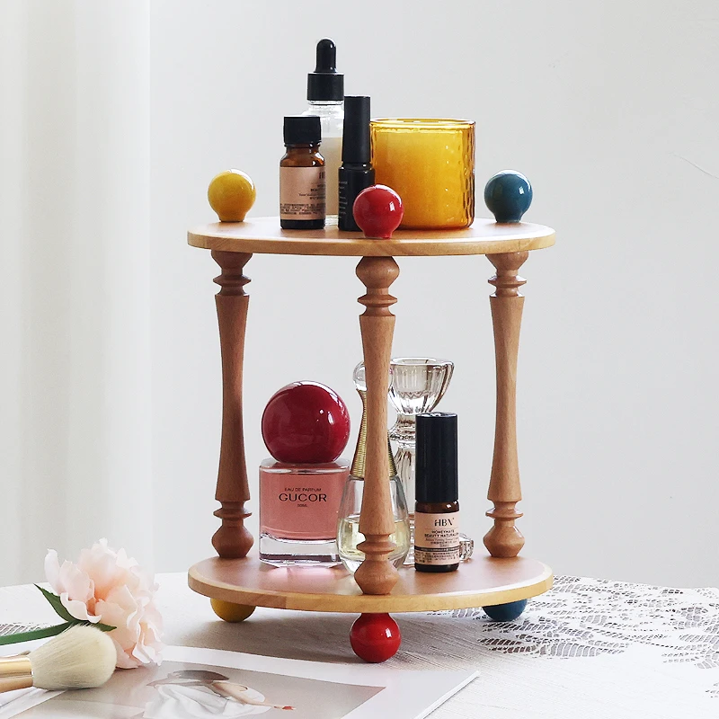 French Style Double-Layer Cosmetic Storage Rack Wooden Perfume Shelf Organizer Cream Color Dopamine Design for Dresser Display