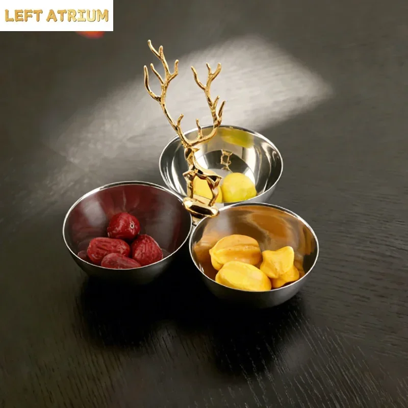 Stainless Steel Three Grid Decorative Bowl Storage Tray Coffee Table Snacks Plates Household Fruit Plate Home Decorative Trays