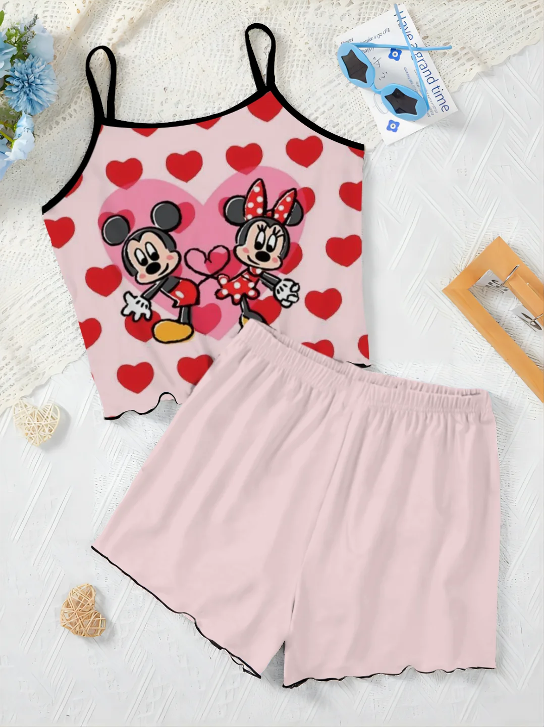 Short Sets for Women 2 Pieces Minnie Mouse Lettuce Trim Mickey Women's Suit Disney Slip Dress Pajama Skirt T-shirt Top Elegant