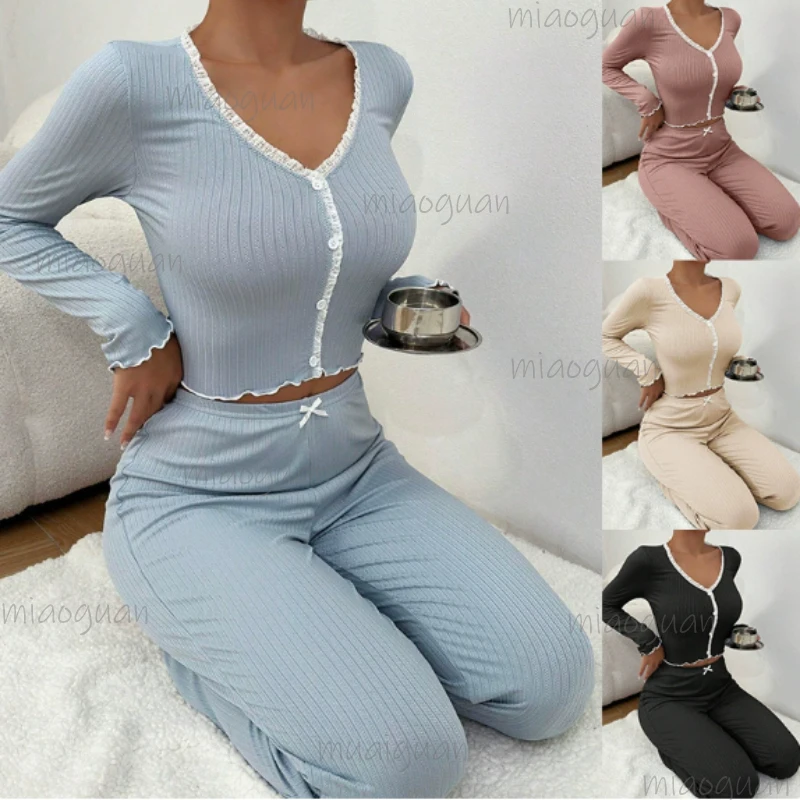 Causal Homewear Pajamas Set for Women Long Sleeves Shirt Trousers 2 Pieces Sexy Lace Home Pijamas Comfort Sleepwear Loungewear