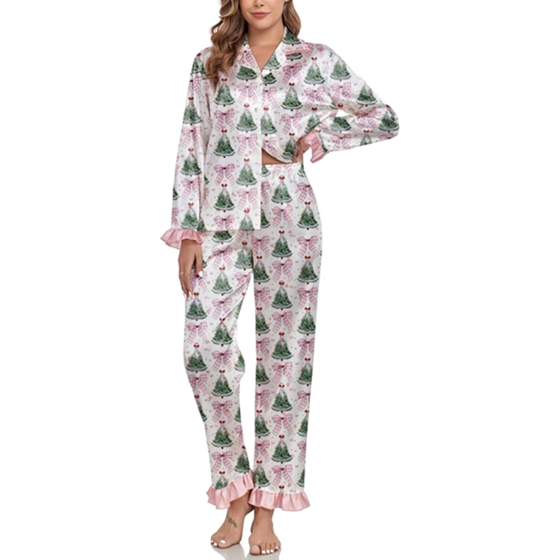 HEZIOWYUN المرأة عيد الميلاد بيجامة مجموعات طويلة الأكمام زر أسفل الساتان لباس نوم من الحرير لطيف تكدرت تقليم ملابس النوم Pjs المتسكعون